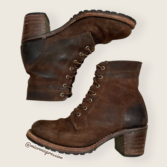 $428 Frye Sabrina 6G Lace Up Dark Brown Real Leather Suede Moto Combat Moto Boot - Picture 6 of 13